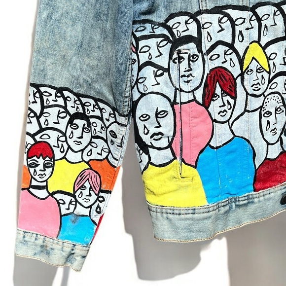 🌻Painted Crowd Crying Theme Men's Large Blue Denim Jacket by Designer Fuller - Picture 5 of 12